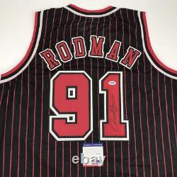 Autographed/Signed DENNIS RODMAN Chicago Pinstripe Basketball Jersey PSA/DNA COA