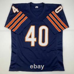 Autographed/Signed GALE SAYERS Chicago Blue Football Jersey PSA/DNA COA Auto