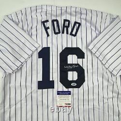 Autographed/Signed WHITEY FORD New York Pinstripe Baseball Jersey PSA/DNA COA #3