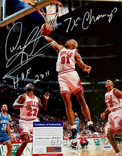 DENNIS RODMAN RARE 11x14 SIGNED AUTO MULTI INSCRIBED WHITE INK BULLS PSA DNA COA