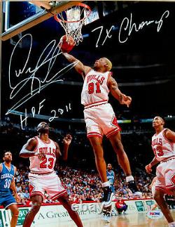 DENNIS RODMAN RARE 11x14 SIGNED AUTO MULTI INSCRIBED WHITE INK BULLS PSA DNA COA