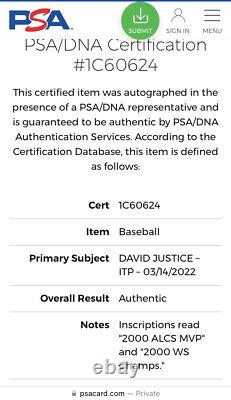 David Justice New York Yankees Autographed Signed Baseball PSA/DNA COA WithInscrip