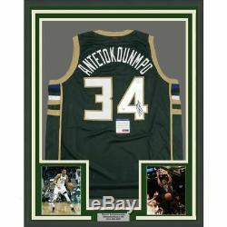 FRAMED Autographed/Signed GIANNIS ANTETOKOUNMPO 33x42 Green Jersey PSA/DNA COA