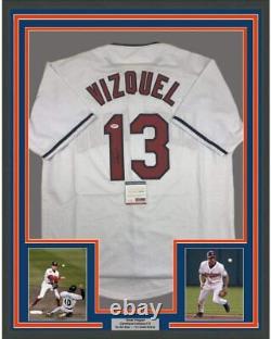 FRAMED Autographed/Signed OMAR VIZQUEL 33x42 Cleveland White Jersey PSA/DNA COA