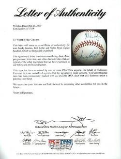 Sandy Koufax Nolan Ryan Bob Feller Triple HOF Signed ONL Baseball PSA/DNA COA